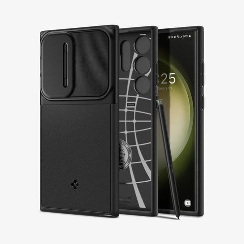 ACS05639 - Galaxy S23 Ultra Case Optik Armor in black showing the back with lens protector slot open